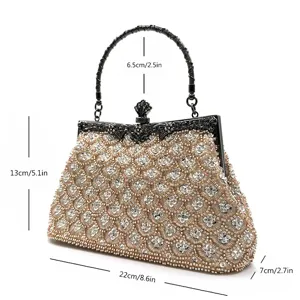 Beaded evening clutch bag for women, elegant fish scale embroidered handbag with metal handle.