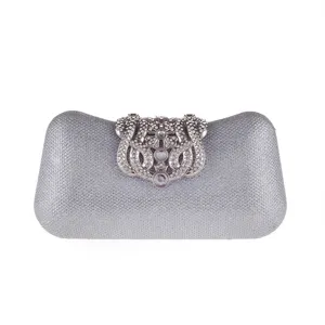 Silver glitter evening clutch bag for women with sparkling rhinestone crown clasp hard shell purse