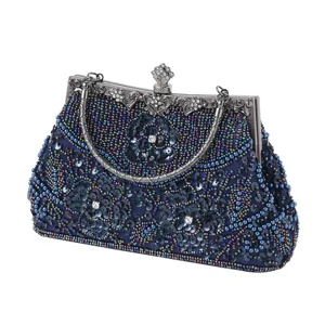 Dark blue beaded evening clutch bag with metal frame and sequin embroidery for wedding.