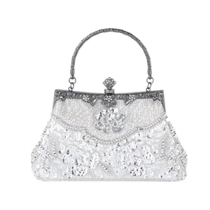 Elegant white beaded sequin evening bag with metal handle for formal party dress banquet.