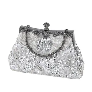 Vintage beaded evening clutch bag, elegant silver sequin wedding party handbag for women.