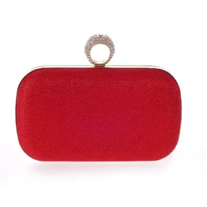 Red Rhinestone Evening Clutch Bag with Elegant Ring Handle Detail for Women Banquet Party