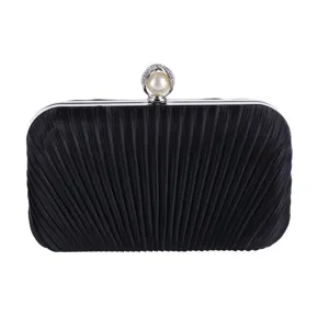 Black pleated evening clutch bag with pearl rhinestone metal clasp for women party wedding