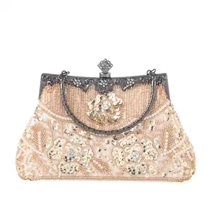 Women Vintage Beaded Sequins Evening Bag Elegant Floral Embroidery Handbag Wedding Party Clutch Bag With Chain Strap