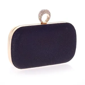 Exquisite black PU leather evening clutch featuring a stunning rhinestone ring clasp and gold frame.