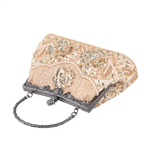 Elegant beaded evening clutch bag with metallic top handle, perfect for banquet and dress.