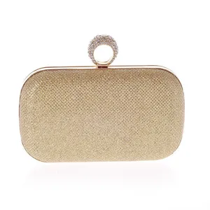 Gold glitter evening clutch bag with rhinestone ring clasp for women party wedding prom handbag