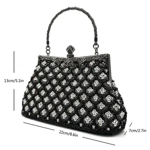 Beaded evening bag clutch with metal handle and fish scale embroidery for women party.