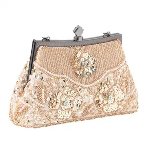 Elegant beaded sequin evening clutch detail shot, floral pattern, champagne gold party bag.