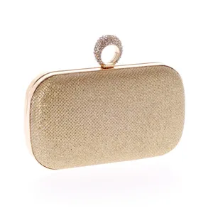 Gold glitter evening clutch bag with rhinestone ring handle, elegant party wedding purse.