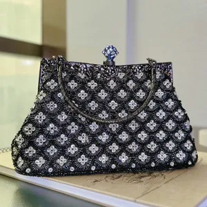 Exquisite beaded evening clutch bag with metallic frame, perfect for parties and events.