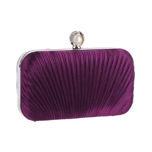 Elegant purple pleated evening clutch bag with crystal pearl clasp for formal events parties.