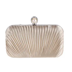 Pleated satin evening clutch bag with elegant pearl rhinestone clasp for women party wed.