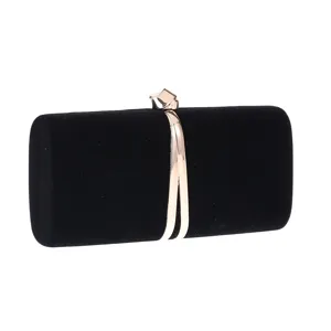 Black velvet evening clutch bag for women, elegant hard case cross body bag detail.