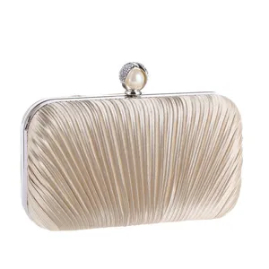 Elegant pleated evening clutch bag with pearl rhinestone clasp for women banquets events.