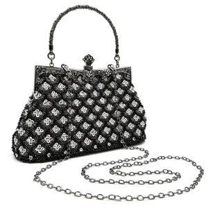 Black beaded sequin evening clutch bag with metal frame chain strap for women party prom.