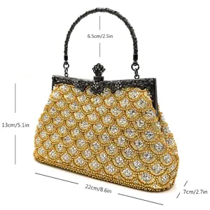 Beaded evening bag detail view showing precise dimensions and fish scale embroidery craftsmanship.