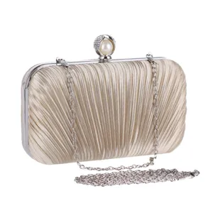 Champagne pleated evening clutch bag with pearl rhinestone clasp and silver chain.