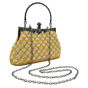 Exquisite beaded evening bag detail with shimmering rhinestones, vintage metal frame and chain.