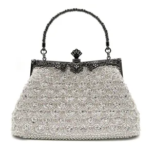 Women Rhinestone Beaded Evening Bag Vintage Fish Scale Sequin Clutch Bag Metallic Handle Wedding Party Handbag