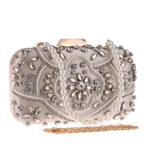 Women Rhinestone Beaded Evening Bag Satin Clutch Purse Pearl Handbag Wedding Party Formal Prom Bag