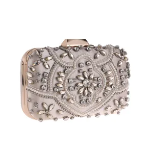 Exquisite beaded evening clutch bag with rhinestones and pearls, elegant wedding purse.