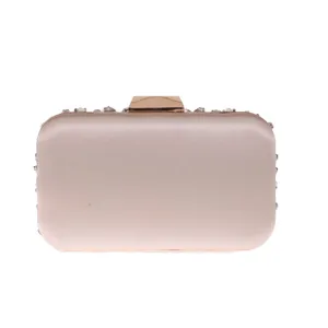 Detailed closeup view of the elegant satin evening clutch with sparkling crystal stones.
