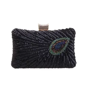 Black sequin beaded evening clutch bag with peacock feather motif and crystal clasp for women