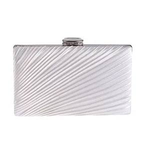 Pleated Polyester Evening Bag Rhinestone Lock Hard Shell Small Square Clutch Purse For Women Banquet Party Handbag