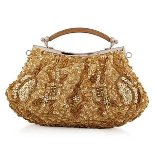 Gold vintage beaded handbag closeup detail, retro sequin evening clutch, elegant cheongsam accessory