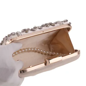 Elegant champagne rhinestone evening clutch bag with pearl chain for wedding parties