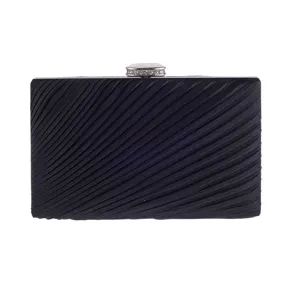 Elegant black pleated evening clutch bag with crystal clasp for women party fashion style.
