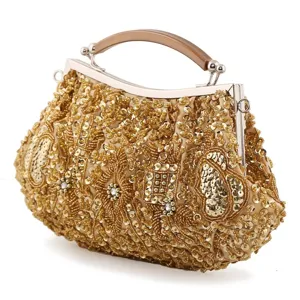 Vintage gold beaded evening clutch bag with sequins, elegant retro handbag for women parties.