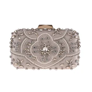 Handmade beaded evening clutch bag with rhinestones and pearls for women elegant party prom wedding.
