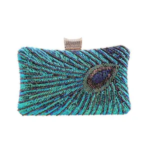 Peacock beaded evening clutch bag, vintage sequin embroidered handbag for wedding party dress.