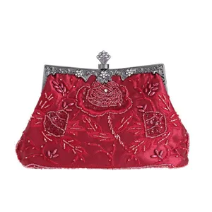 Red satin beaded evening bag vintage floral banquet clutch purse with metal clasp.