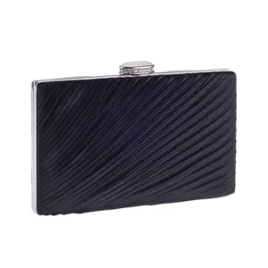 Elegant black pleated evening clutch bag with sparkling rhinestone clasp and silver frame for women.