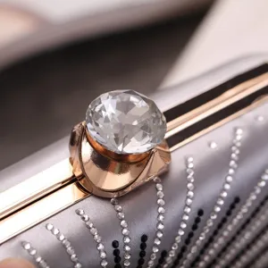Exquisite women rhinestone evening clutch bag detail silver satin hard box luxury purse
