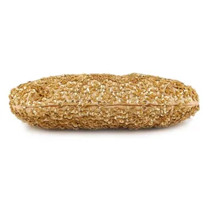 Exquisite gold sequin beadwork detail of a vintage style clutch bag, elegant evening accessory.