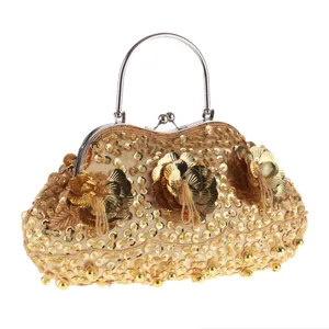 Retro Handgemachte Pailletten Perlen Bestickte Abendtasche Damen Metallgriff Clutch Kleid Handtasche Mit Langer Kette