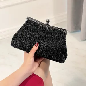 Black beaded evening clutch bag with vintage metal frame for women party wedding prom.