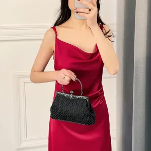 Elegant black beaded evening bag with metal handle, perfect for party and formal dress matching.