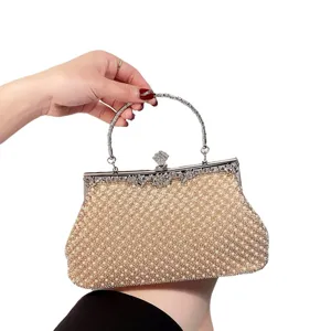 Elegant women pearl evening clutch bag, vintage metal frame handbag for party wedding dress.