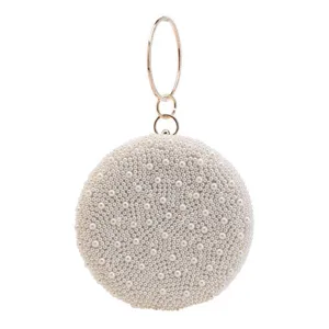 Elegant round pearl evening bag with gold metal handle for women, perfect for parties and weddings.
