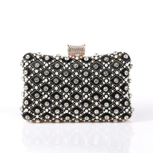 Stunning black rhinestone and pearl evening clutch bag, elegant party wedding purse