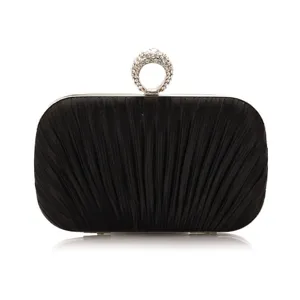 Black pleated evening clutch bag detail, featuring a stunning rhinestone encrusted ring handle.