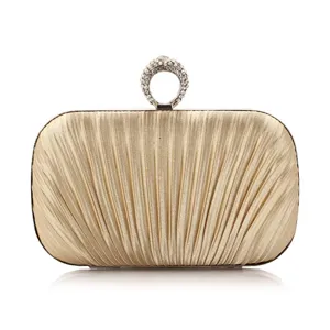 Gold pleated evening clutch bag with rhinestone ring clasp detail for special events.