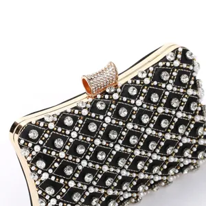 Elegant black beaded evening clutch detail, rhinestone diamond pattern, luxury party bag.