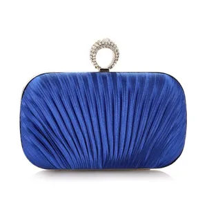 Blue pleated evening clutch bag with sparkling rhinestone ring handle for formal party and wedding events