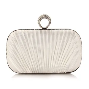 White pleated evening clutch detail view, luxury rhinestone ring handle wedding party bag.